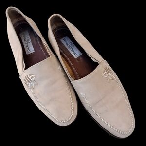 Vittorio Virgili Men Embroidery Shoes Beige Suede Loafers Italy Size EU41/US 8